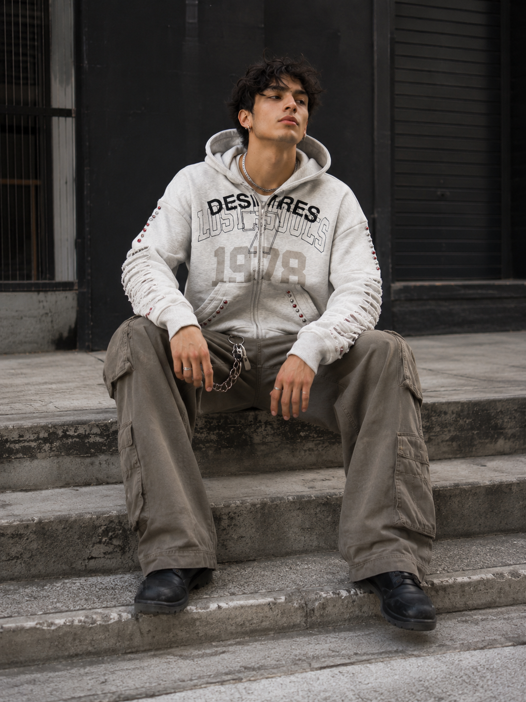Ripped Sleeve Zip Hoodie