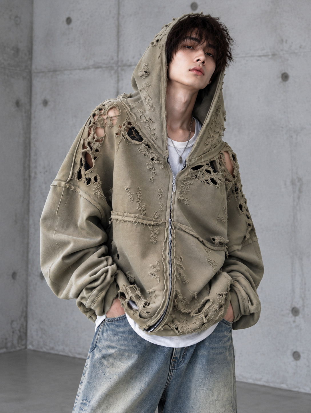 Ripped Edge Zip Hoodie