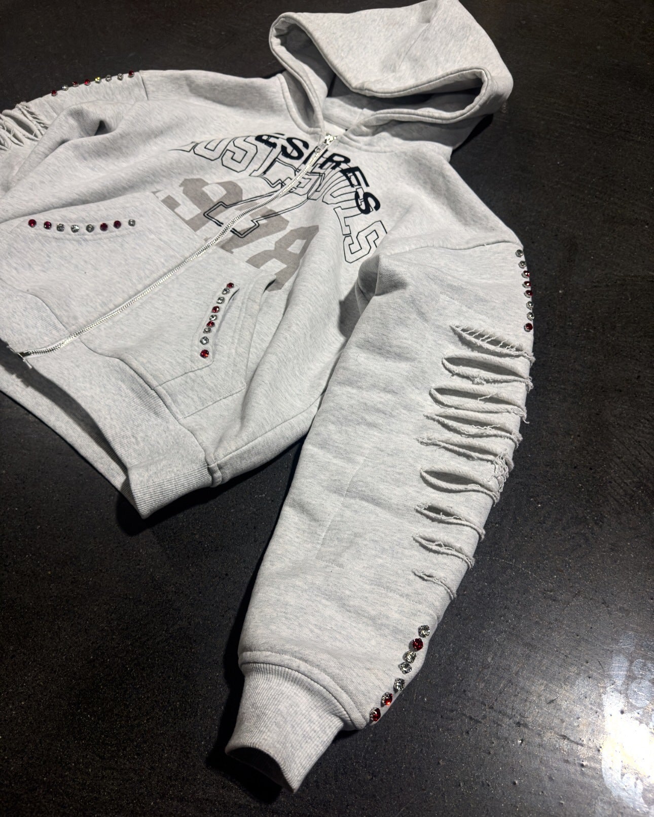 Ripped Sleeve Zip Hoodie