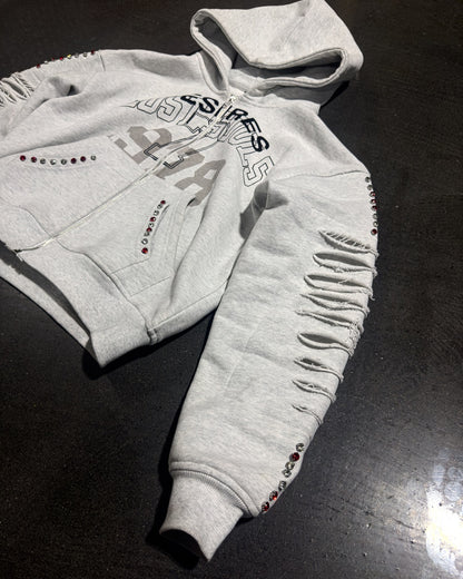 Ripped Sleeve Zip Hoodie