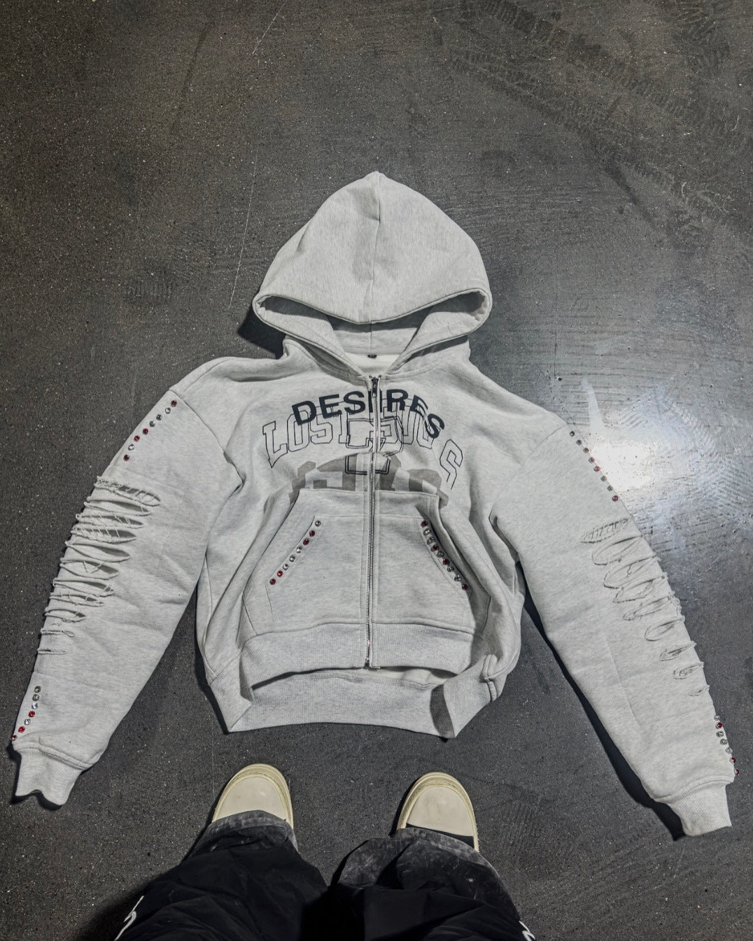 Ripped Sleeve Zip Hoodie