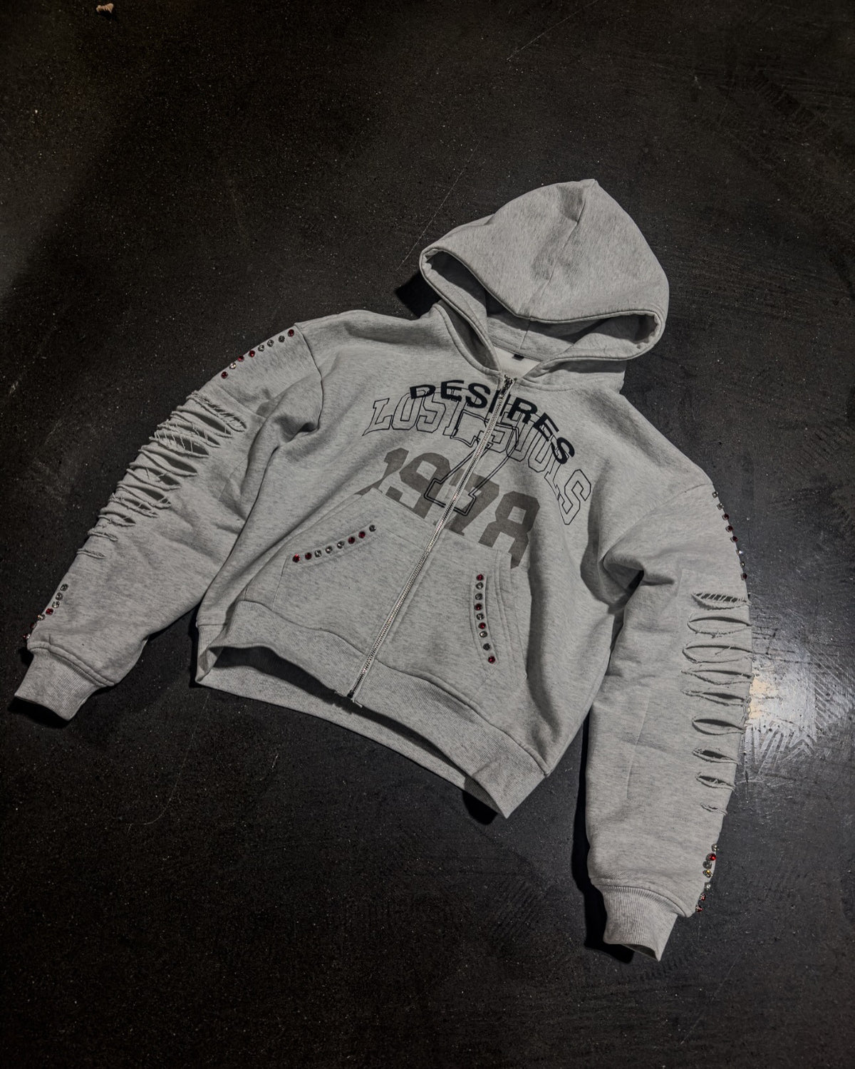 Ripped Sleeve Zip Hoodie
