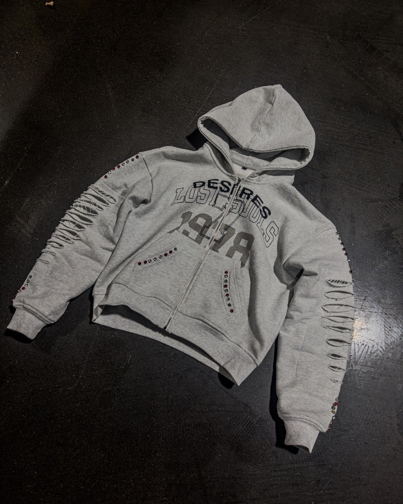 Ripped Sleeve Zip Hoodie