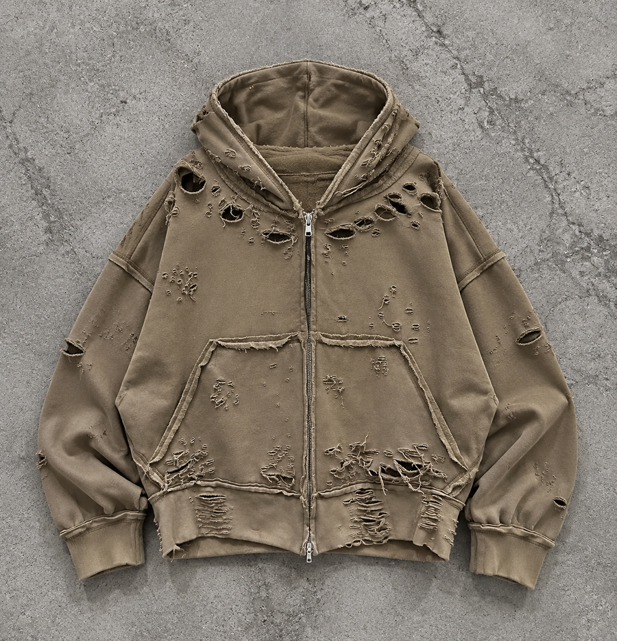 Ripped Edge Zip Hoodie