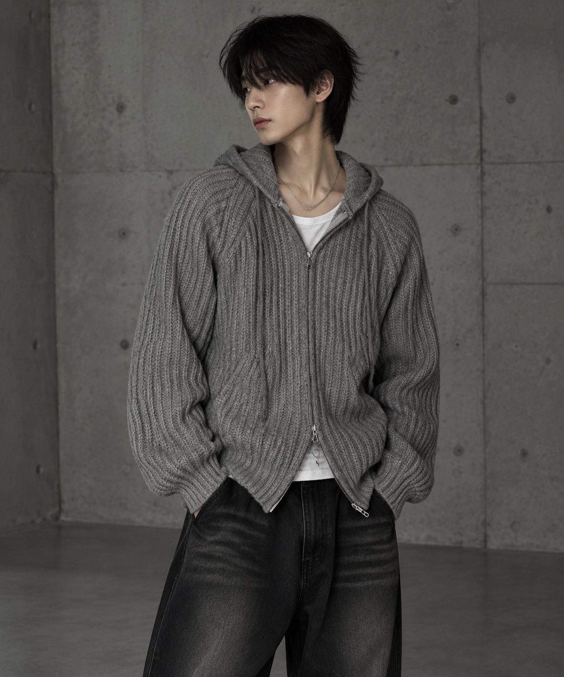 Rib Knit Zip Hoodie