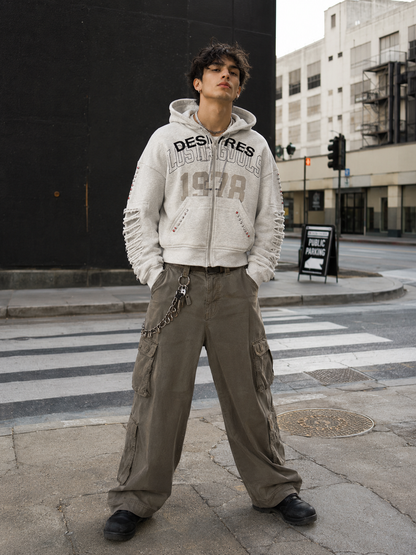 Ripped Sleeve Zip Hoodie