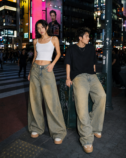 Vintage-Washed Wide-Leg Jeans